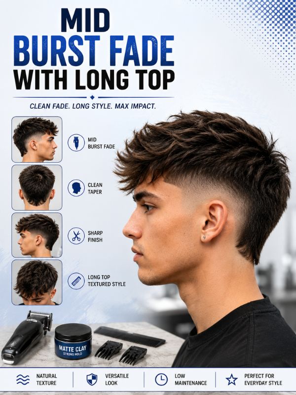 Mid Burst Fade with Long Top